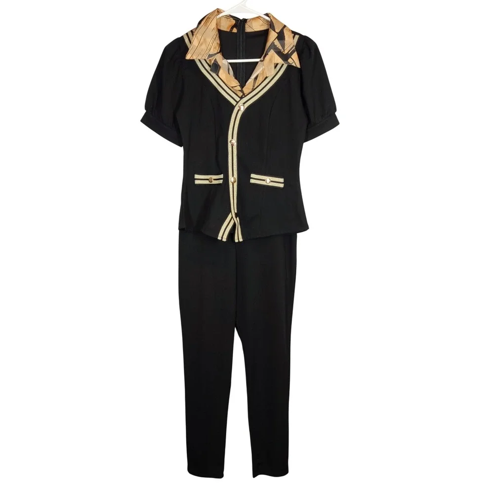 Unbranded Pant Set Womens Small‎ Black Gold Button Short Sleeve Top Trousers 2pc